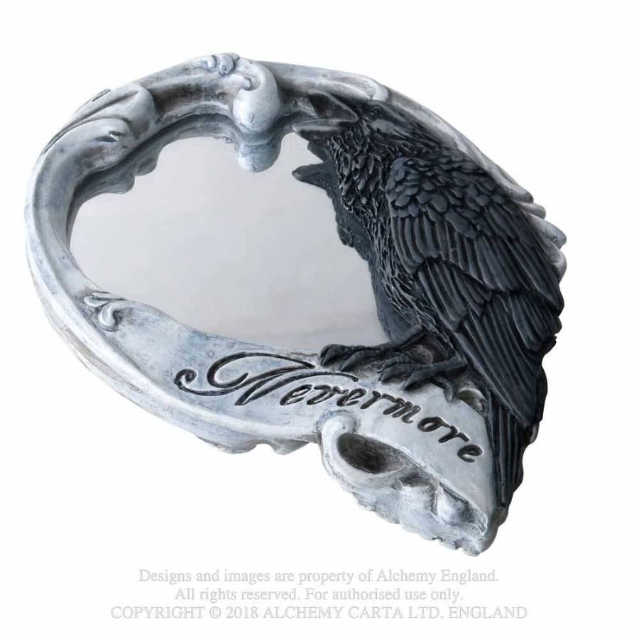 Kleiner Handspiegel Nevermore Mirror in Form eines Totenkopfes mit Rabendetail von Alchemy England