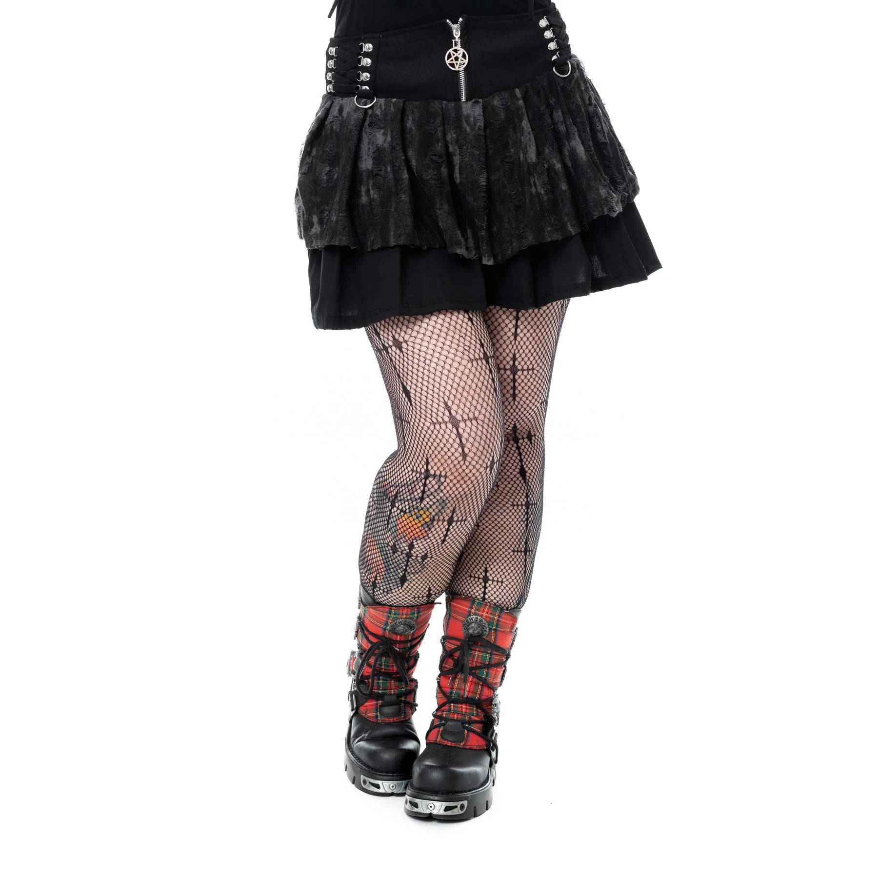 Schwarzer, kurzer Rock NICANDRA SKIRT mit Zierschnürungen und Pentagramanhänger von Heartless