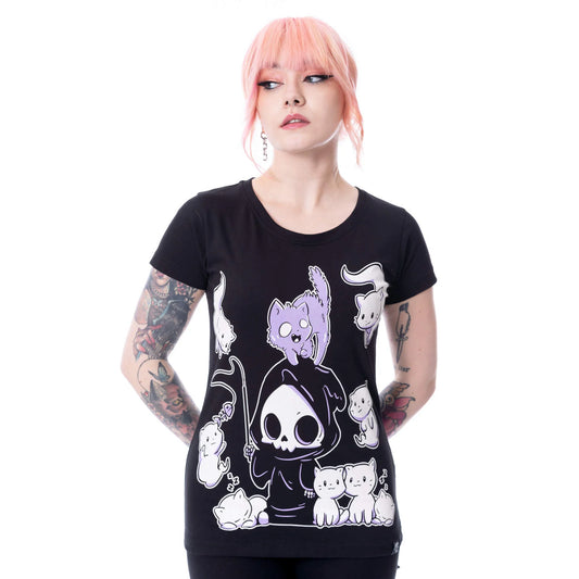 Schwarz-weißes Oberteil NINE LIVES T SHIRT mit niedlichem Katzen- und Sensemannprint von Cupcake Cult