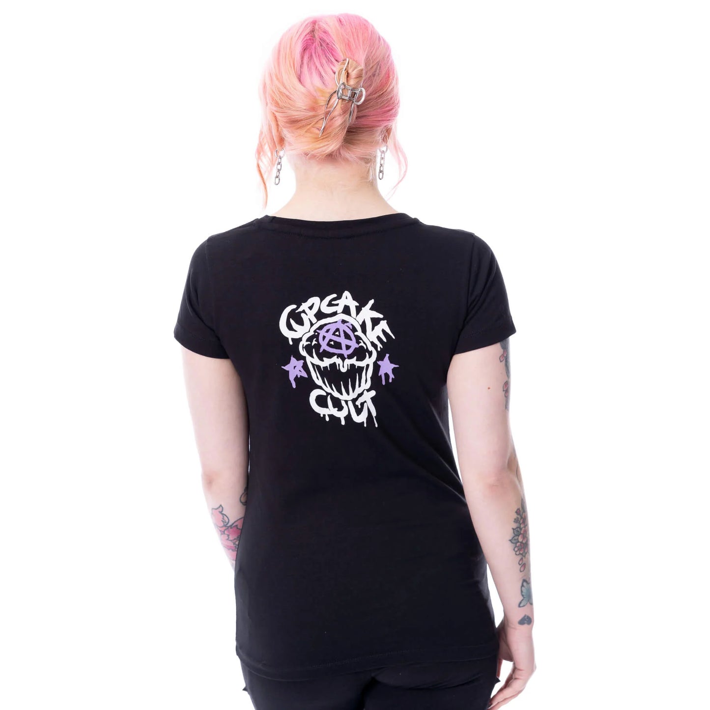 Schwarz-weißes Oberteil NINE LIVES T SHIRT mit niedlichem Katzen- und Sensemannprint von Cupcake Cult