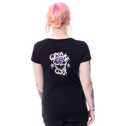 Schwarz-weißes Oberteil NINE LIVES T SHIRT mit niedlichem Katzen- und Sensemannprint von Cupcake Cult