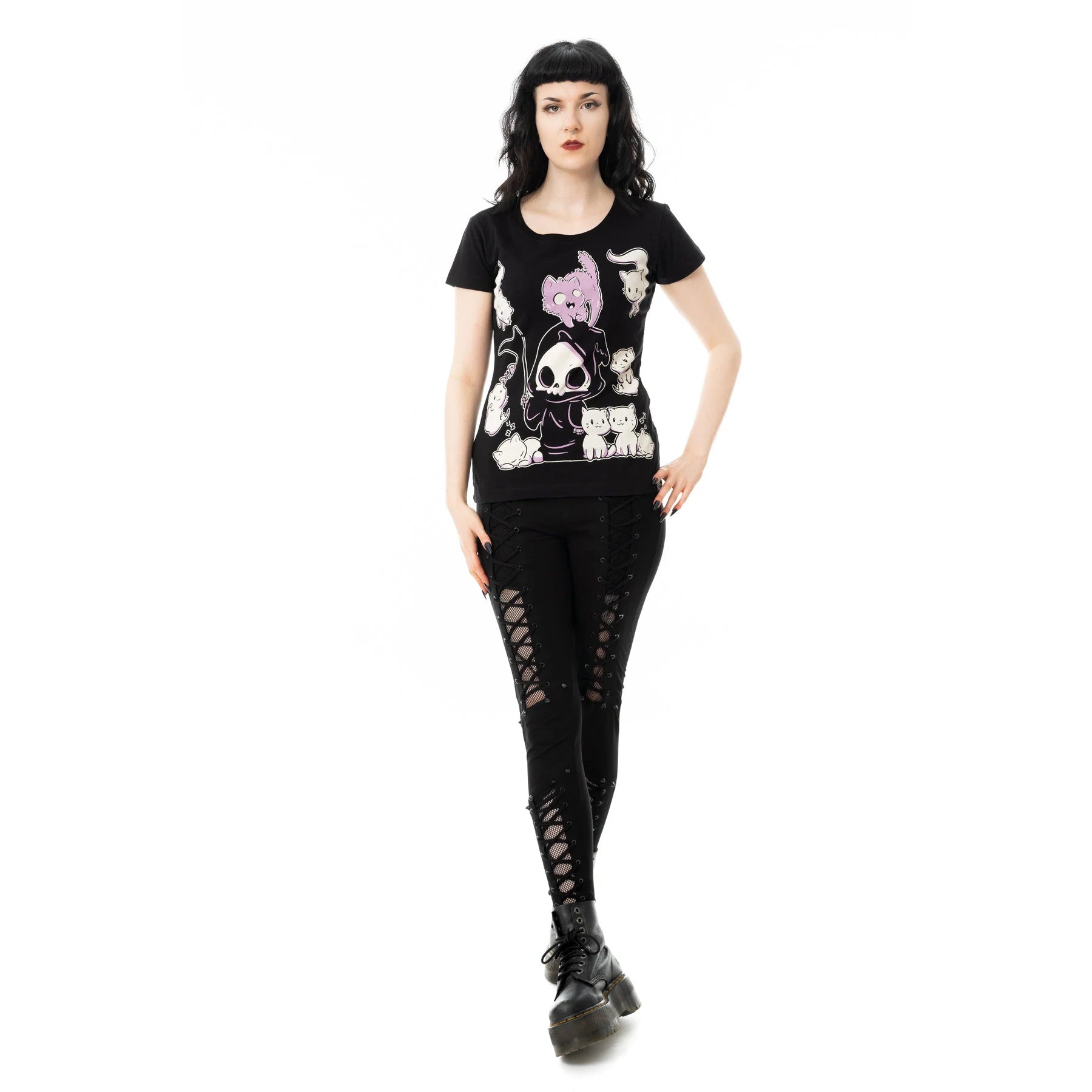 Schwarzes Oberteil NINE LIVES T SHIRT mit niedlichem Sensenmann und Katzenprint von Cupcake Cult