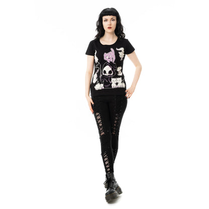 Schwarzes Oberteil NINE LIVES T SHIRT mit niedlichem Sensenmann und Katzenprint von Cupcake Cult