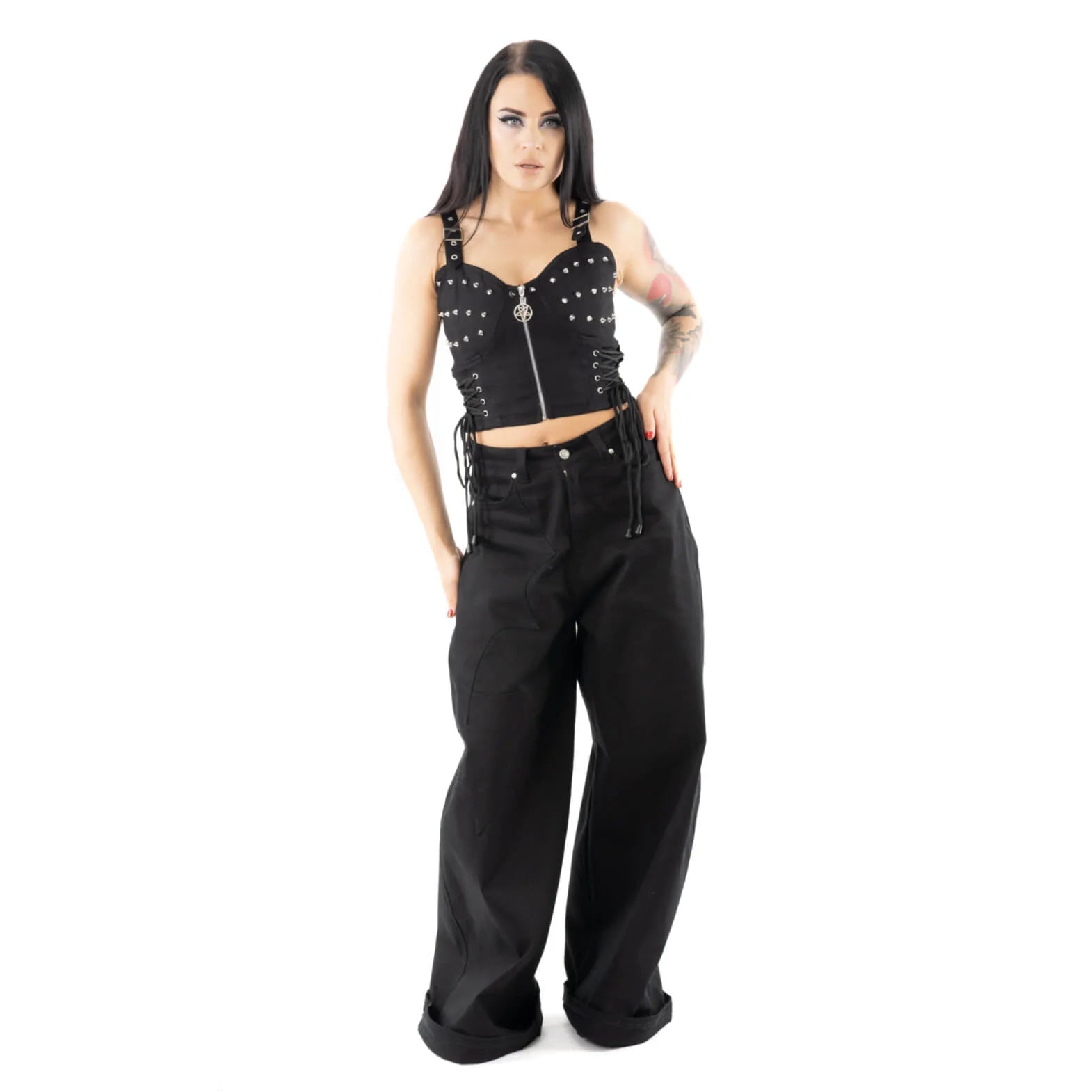 Schwarze, weite Hose NOCTURNE LONG LEG PANTS im dezenten Fledermausflügeldesign von Heartless