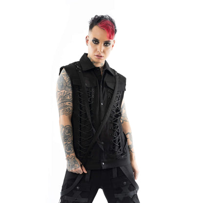 Schwarze Weste NOLEN VEST mit Zierschnürung und abnehmbaren Riemen von Vixxsin