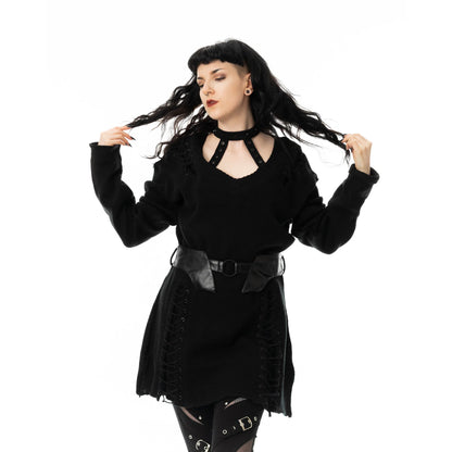 Schwarzer Pullover NYCTERIS JUMPER mit Zierschnürung und Gürtel von Heartless