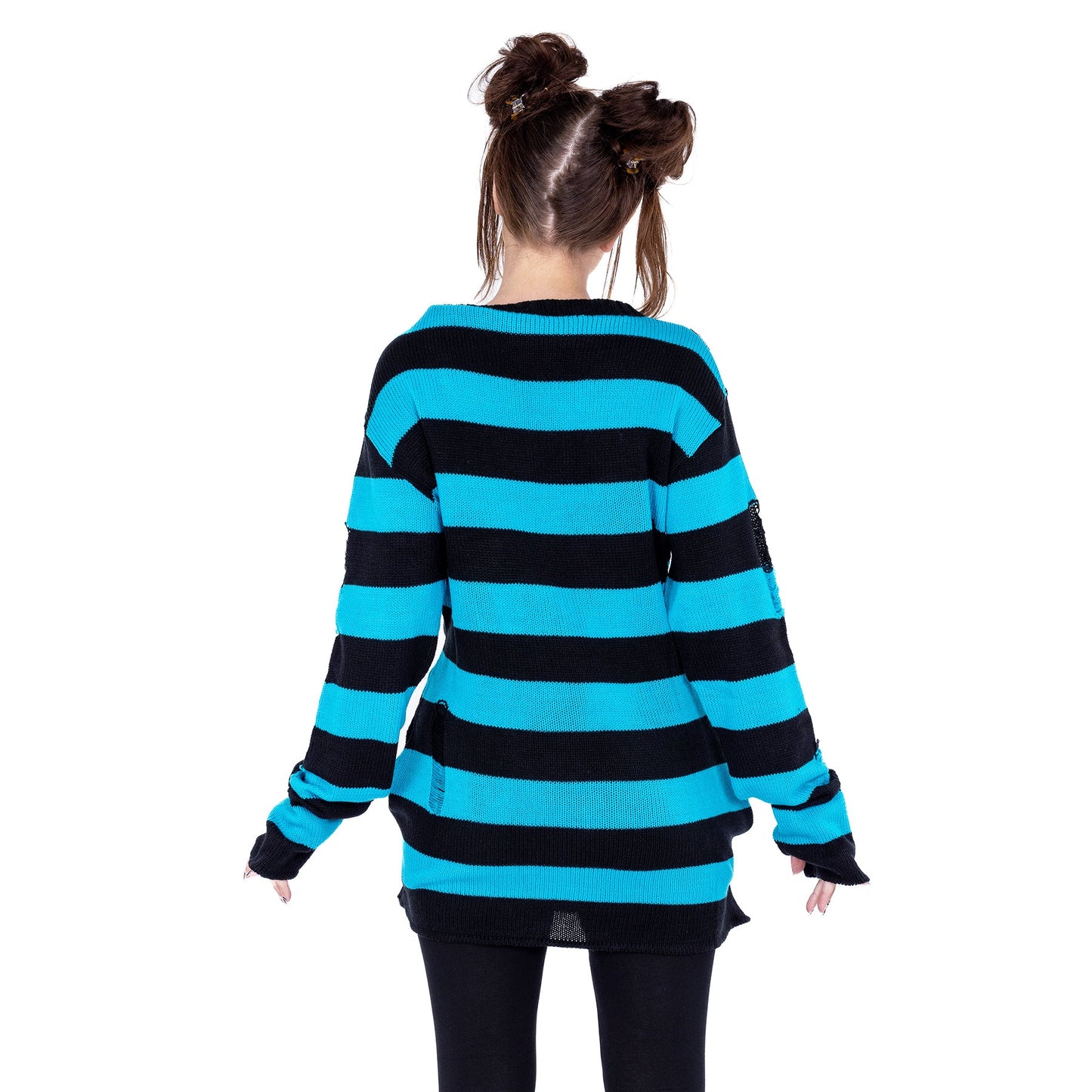 Rückseite schwarz-blau-gestreifter Strickpullover ORIANA JUMPER BLUE mit schwarzen, gekreuzten Riemen von Heartless