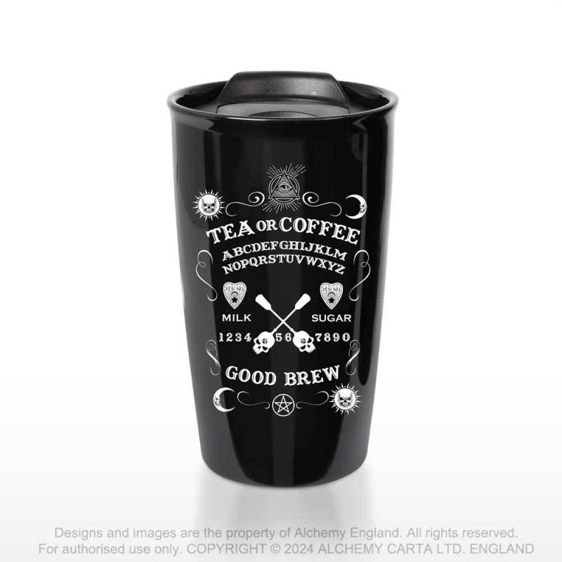 Schwarzer To-Go-Becher Ouija Good Brew Double Walled Mug mit Ouijaprint von Alchemy