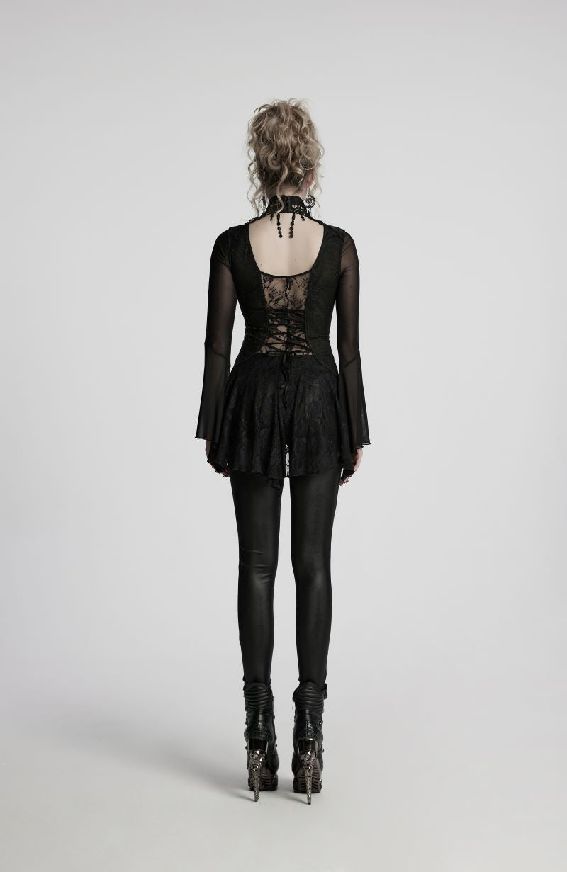 Schwarzes Shirt Danae Dark Laced Gothic Top mit floralem Spitzenmuster von Punk Rave