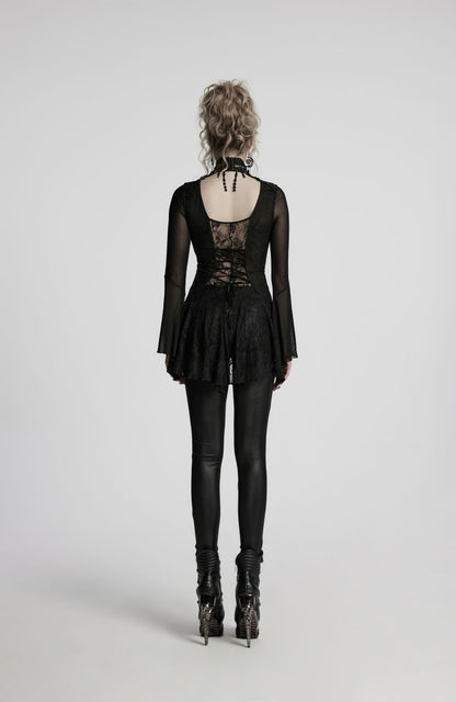 Schwarzes Shirt Danae Dark Laced Gothic Top mit floralem Spitzenmuster von Punk Rave