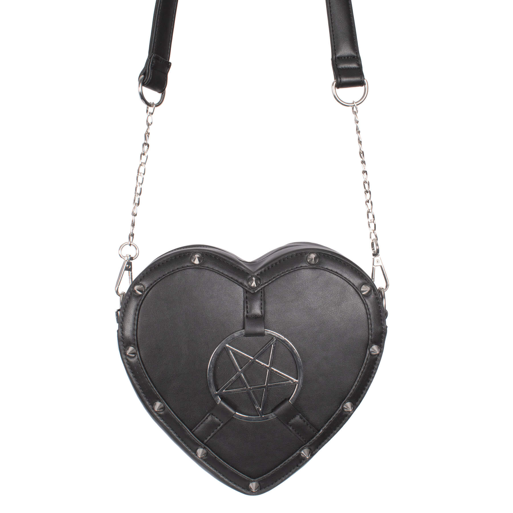 Schwarze, herzförmige Umhängetasche PENTAHAUNT LOVE BAG mit Pentagram von Poizen Industries