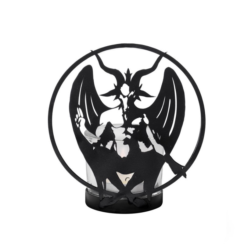 Eindrucksvoller Teelichthalter PERSONAL BAPHOMET Tealight Holder aus schwarz beschichtetem Eisen und gehärtetem Glas von Alchemy