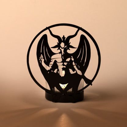 Eindrucksvoller Teelichthalter PERSONAL BAPHOMET Tealight Holder aus schwarz beschichtetem Eisen und gehärtetem Glas von Alchemy
