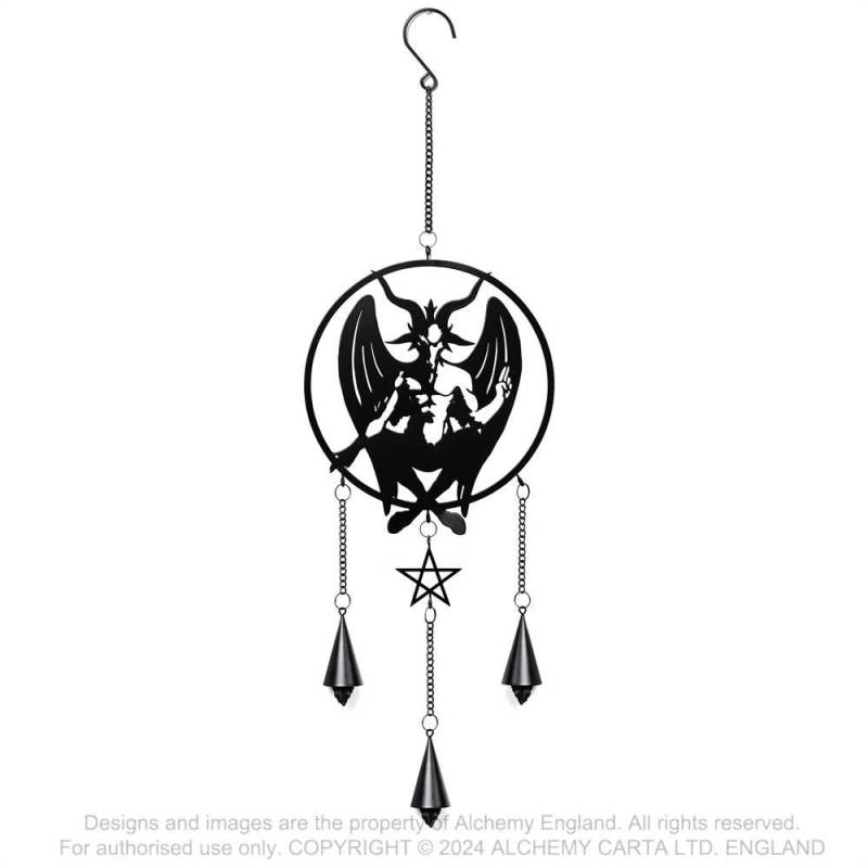 Schwarzes Windspiel Personal Baphomet Hängedeko mit im Schneidersitz sitzemdem Baphomet, sowie drei Glocken von Alchemy