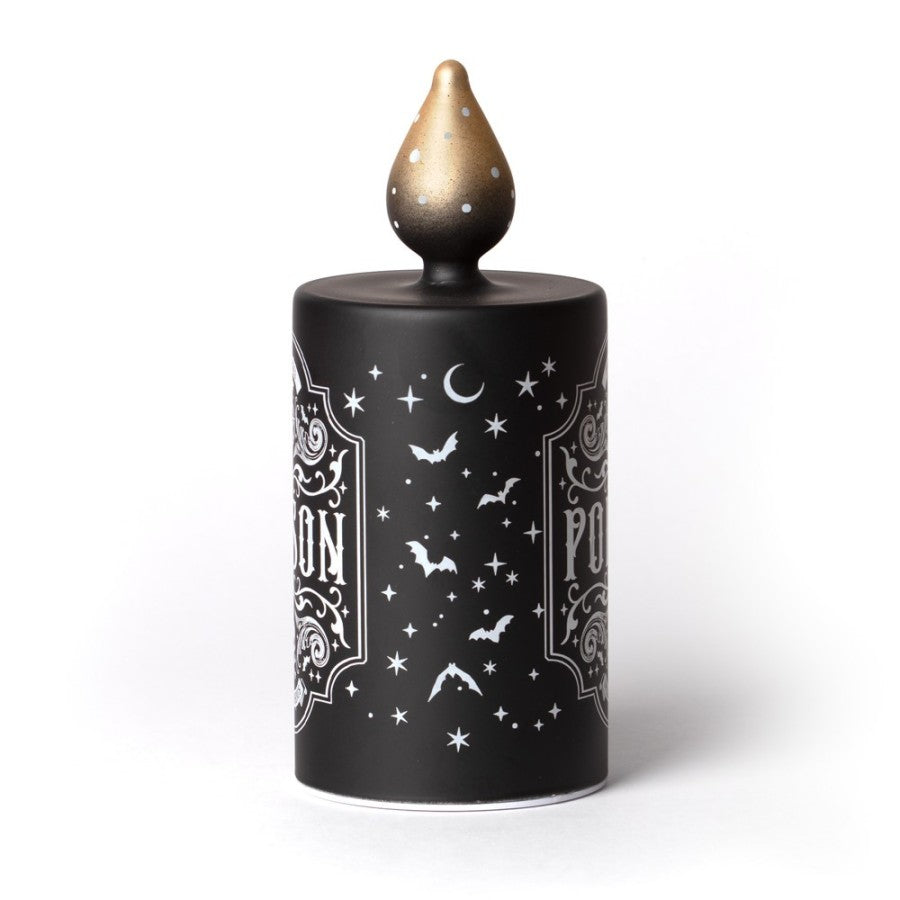Schwarze Giftflschenförmige Lampe Poison Flame Lamp mit okkultem Design von Alchemy
