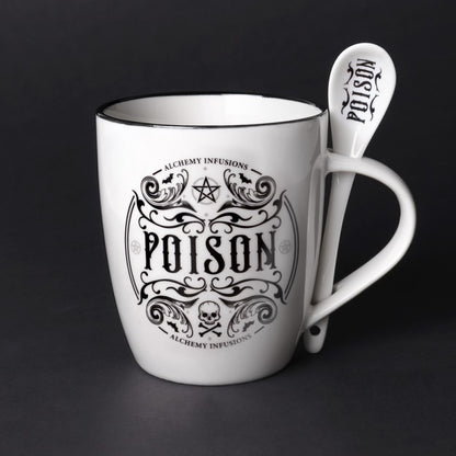 Weiße Tasse Poison Mug &amp; Spoon Set mit schwarzem okkultem Design sowie Löffel im Henkel von Alchemy