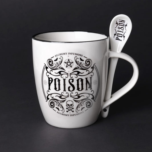 Weiße Tasse Poison Mug &amp; Spoon Set mit schwarzem okkultem Design sowie Löffel im Henkel von Alchemy