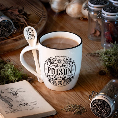 Weiße Tasse Poison Mug &amp; Spoon Set mit schwarzem okkultem Design sowie Löffel im Henkel von Alchemy