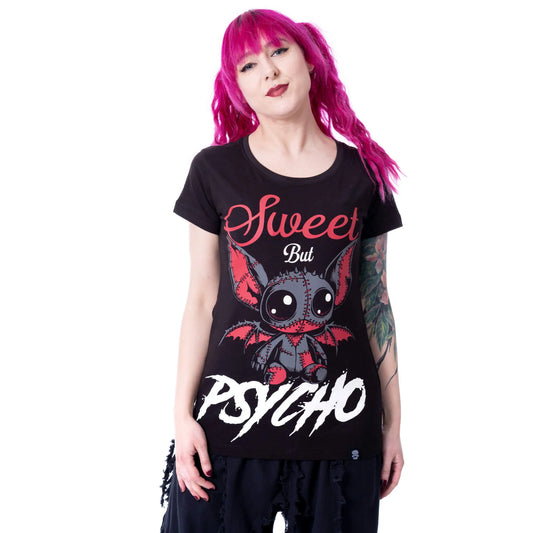 Schwarz-rotes Oberteil PSYCHO BAT T SHIRT mit niedlichem Print einer genähten Fledermaus von Cupcake Cult