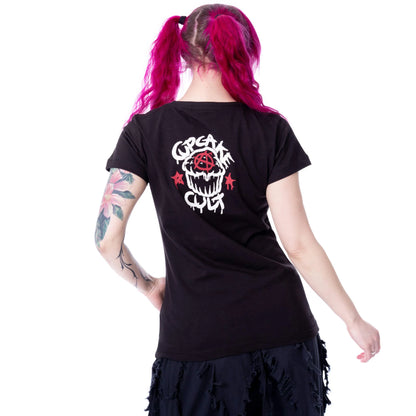 Schwarz-rotes Oberteil PSYCHO BAT T SHIRT mit niedlichem Print einer genähten Fledermaus von Cupcake Cult