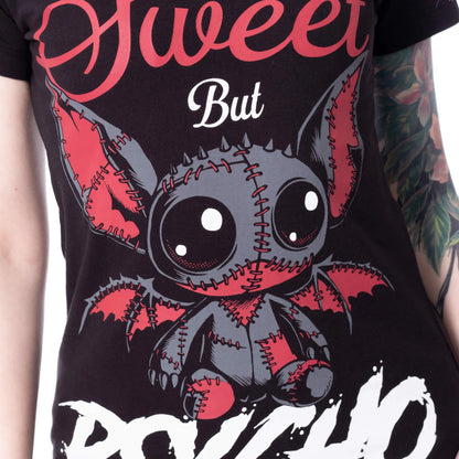 Schwarz-rotes Oberteil PSYCHO BAT T SHIRT mit niedlichem Print einer genähten Fledermaus von Cupcake Cult