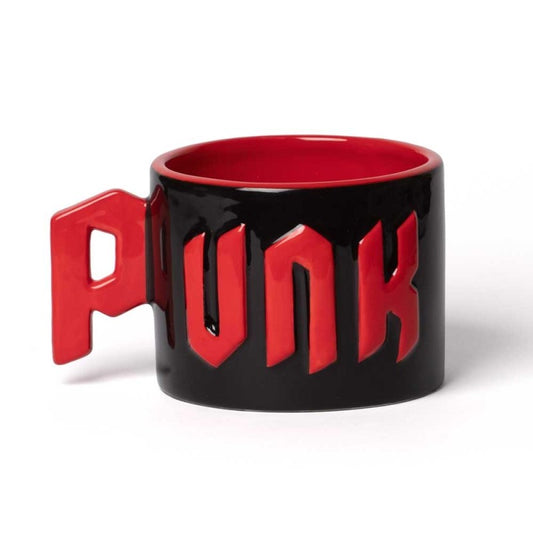 Handbemalter schwarzer Becher Punk Statement Mug mit roten, glasierten Buchstaben von Alchemy