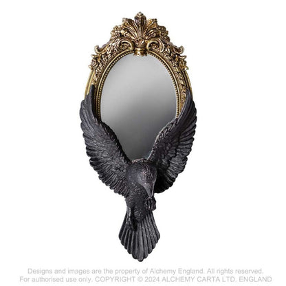 Handspiegel Raven's Gaze Hand Mirror mit realistisch gestaltetem schwarzem Raben im Flug auf einem goldenen Barockrahmen von Alchemy England