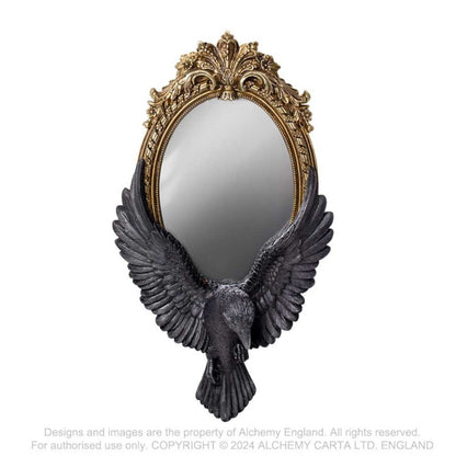 Wandspiegel Raven's Gaze Wall Mirror mit realistisch gestaltetem schwarzem Raben im Flug auf einem goldenen Barockrahmen von Alchemy England