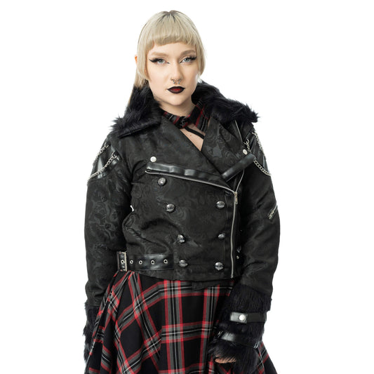 Schwarze, kurze Jacke RAVENS ROSE JACKET mit Brokatmuster und Kunstfelldetails von Poizen Industries