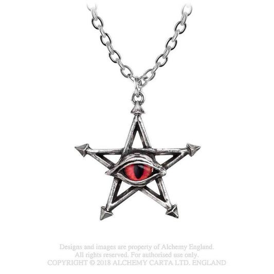 Red Curse Kette in Form eines roten, synthetischen Schlangenauges, eingelassen in ein menschliches Auge aus Gusszinn, montiert auf einem Pentagramm mit Pfeilspitzen von Alchemy
