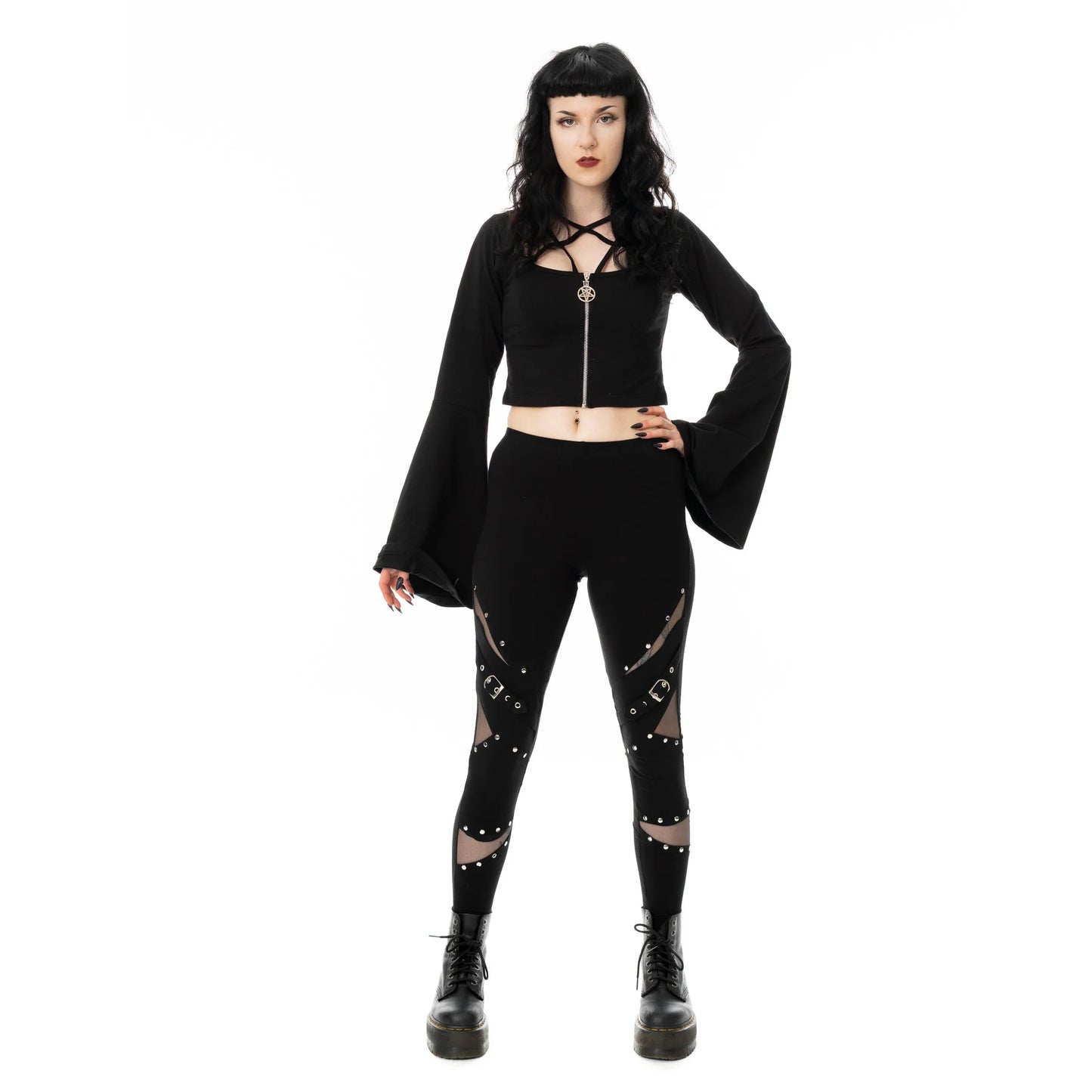 Schwarze Leggings REVEL LEGGINGS mit Meshelementen und Ziernieten von Vixxsin