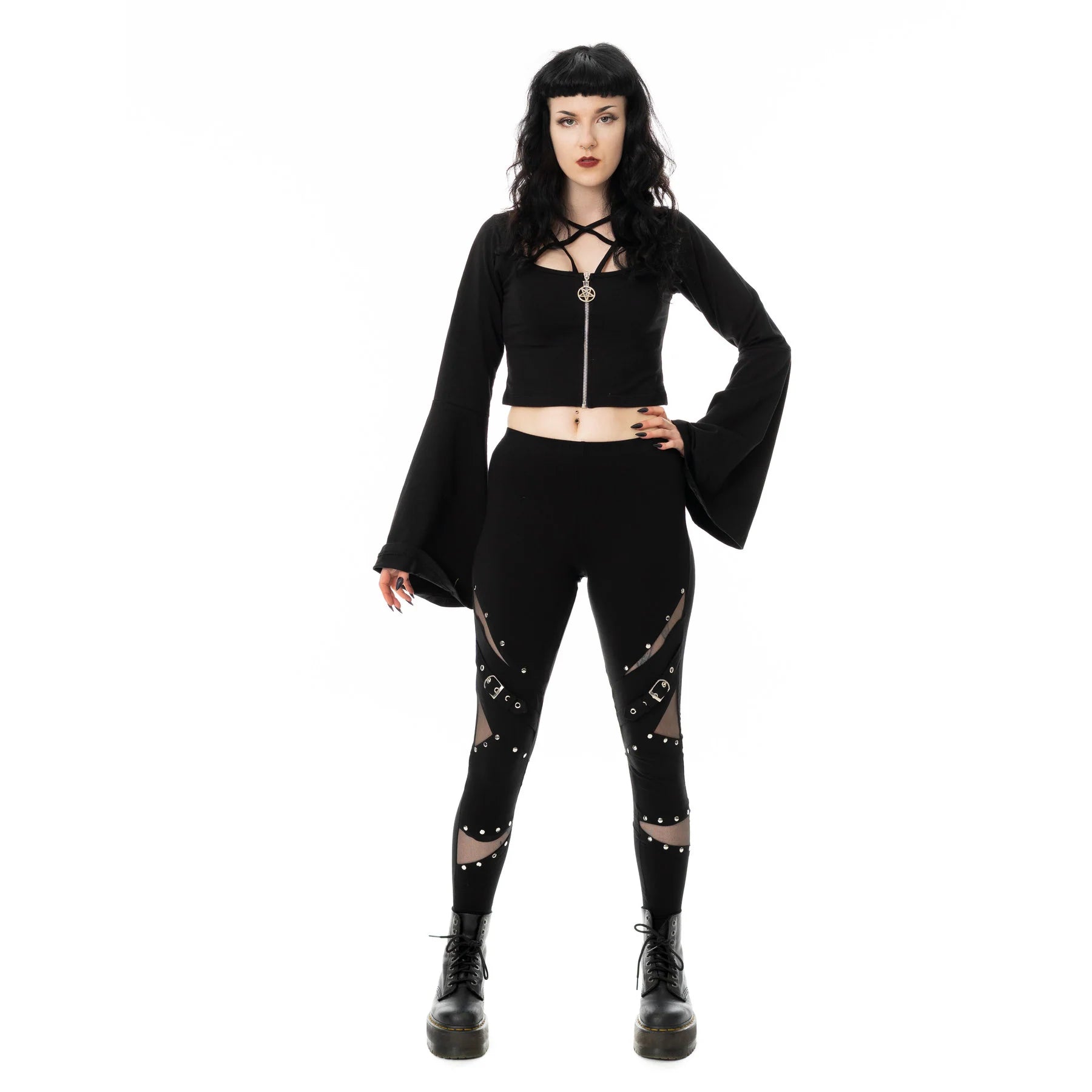 Schwarze Leggings REVEL LEGGINGS mit Meshelementen und Ziernieten von Vixxsin