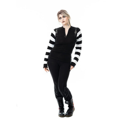 Schwarzes Oberteil REVEL TOP mit schwarz/weiß gesrteiften Ärmeln von Poizen Industries