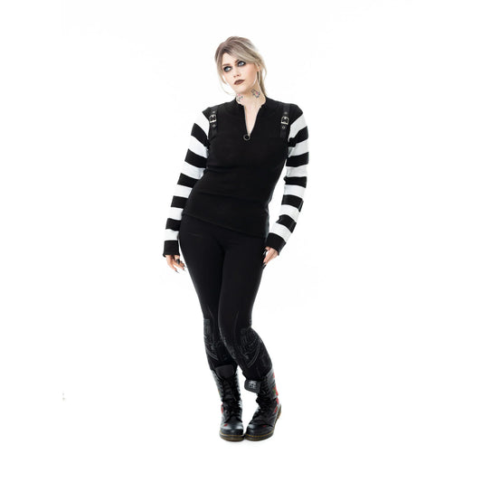 Schwarzes Oberteil REVEL TOP mit schwarz/weiß gesrteiften Ärmeln von Poizen Industries