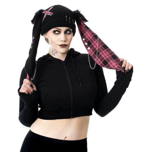 Schwarze Strickmütze RINI HAT PINK mit Hasenohren, Zierketten und pinkem Tartanmuster von Cupcake Cult