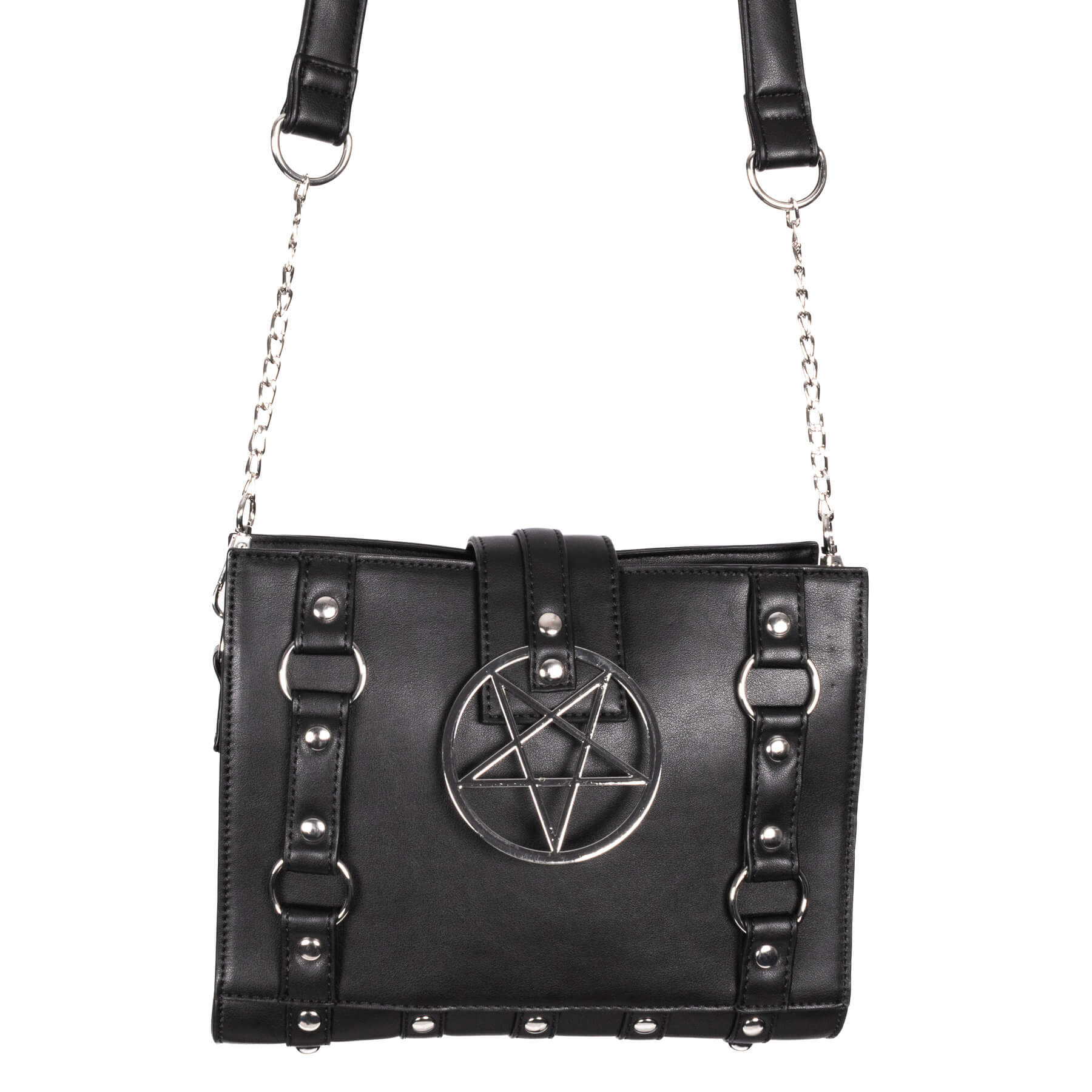 Schwarze Umhängetasche RITUAL BAG mit Pentagram an der Vorderseite von Poizen Industries