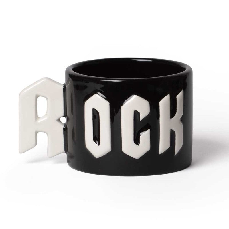 Handbemalter schwarzer Becher Rock Statement Mug mit weißen, glasierten Buchstaben von Alchemy