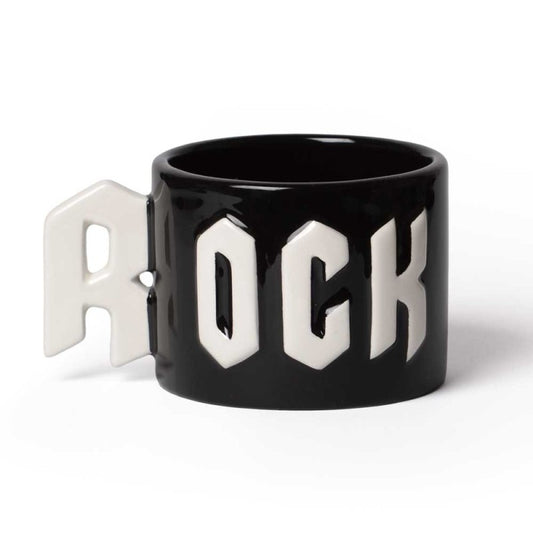 Handbemalter schwarzer Becher Rock Statement Mug mit weißen, glasierten Buchstaben von Alchemy