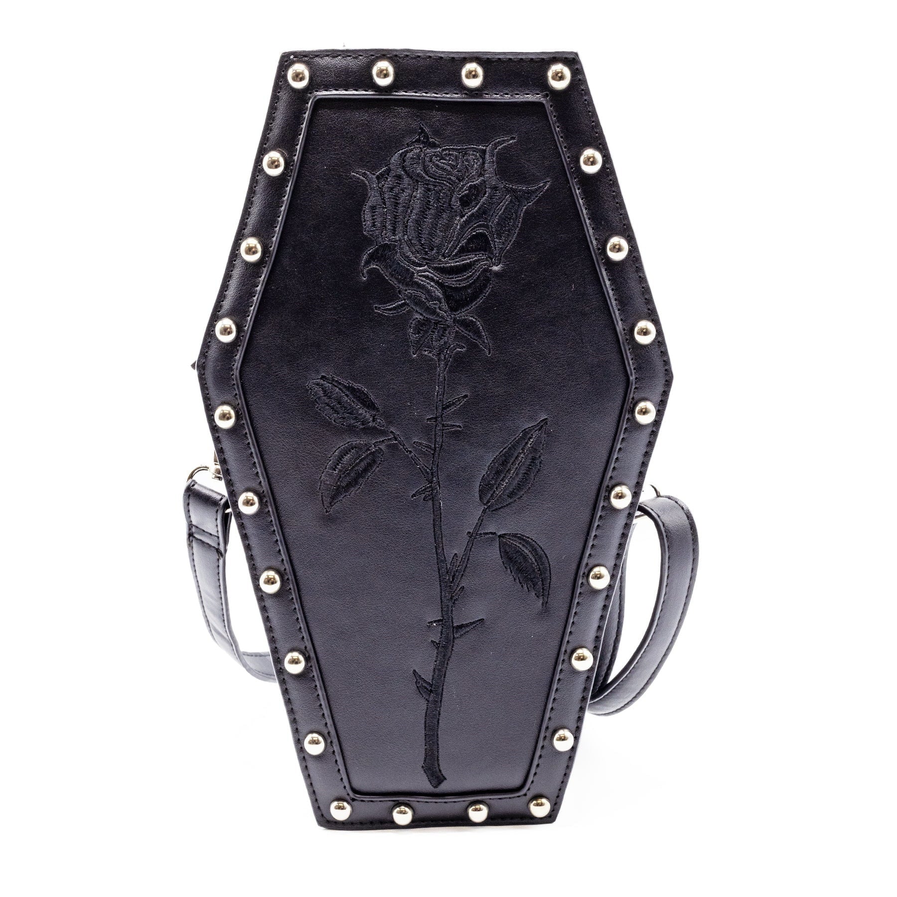 Schwarze, sargförmige Tasche ROSE COFFIN BAG mit Rosendetails und Ösen für Rucksackriemen von Heartless