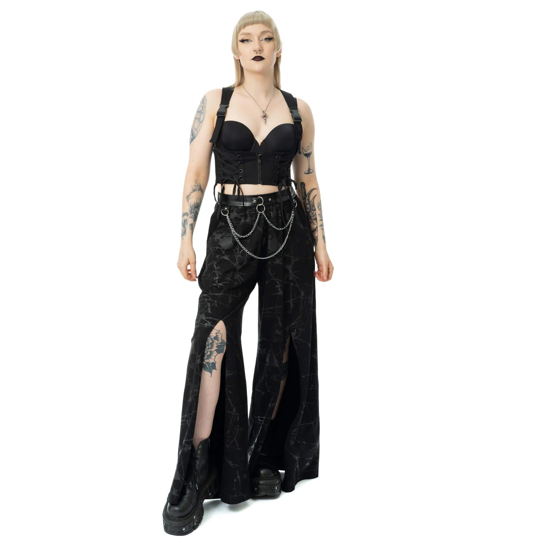 Schwarzes Top ROWENA VEST mit Zierschnürungen und Schnallen von Chemical Black