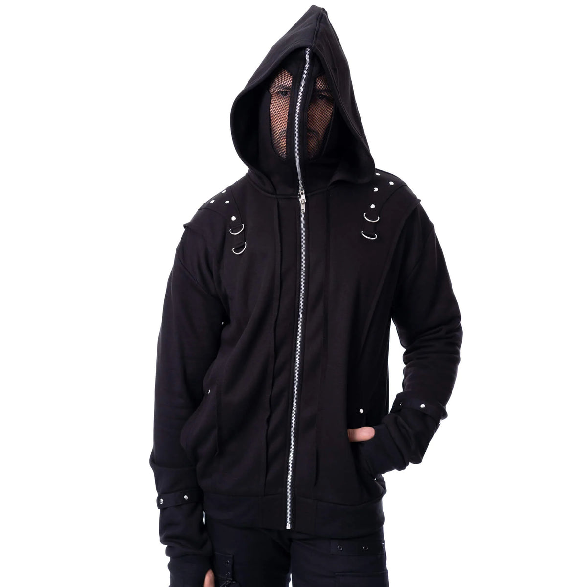 Schwarze Kapuzenjacke RUIN HOOD mit verschließbarer Kapuze mit Netzeinsatz von Poizen Industries