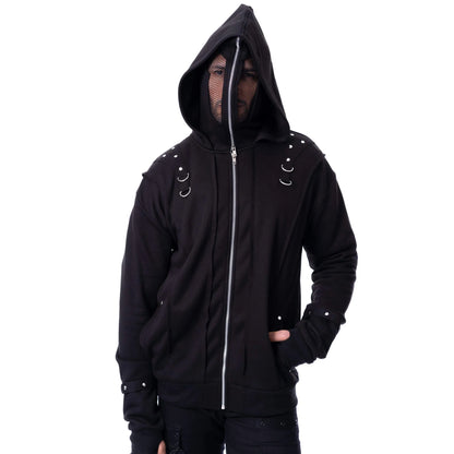 Schwarze Kapuzenjacke RUIN HOOD mit verschließbarer Kapuze mit Netzeinsatz von Poizen Industries