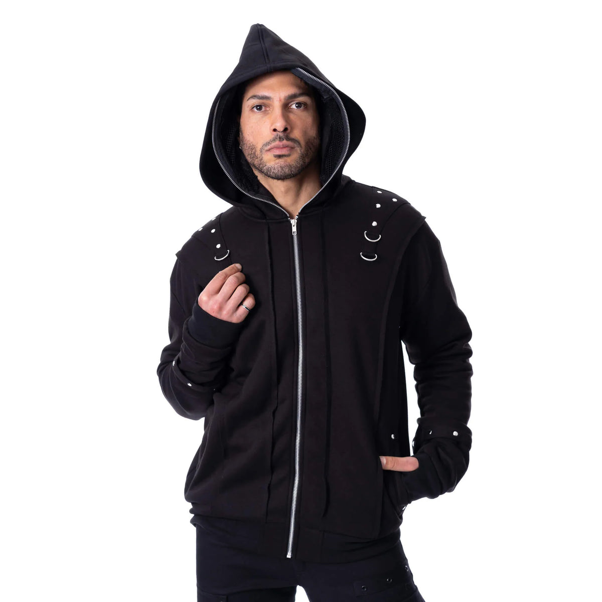 Schwarze Kapuzenjacke RUIN HOOD mit verschließbarer Kapuze mit Netzeinsatz von Poizen Industries