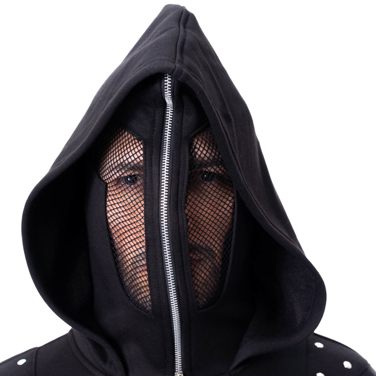 Schwarze Kapuzenjacke RUIN HOOD mit verschließbarer Kapuze mit Netzeinsatz von Poizen Industries