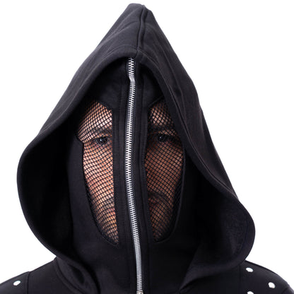 Schwarze Kapuzenjacke RUIN HOOD mit verschließbarer Kapuze mit Netzeinsatz von Poizen Industries