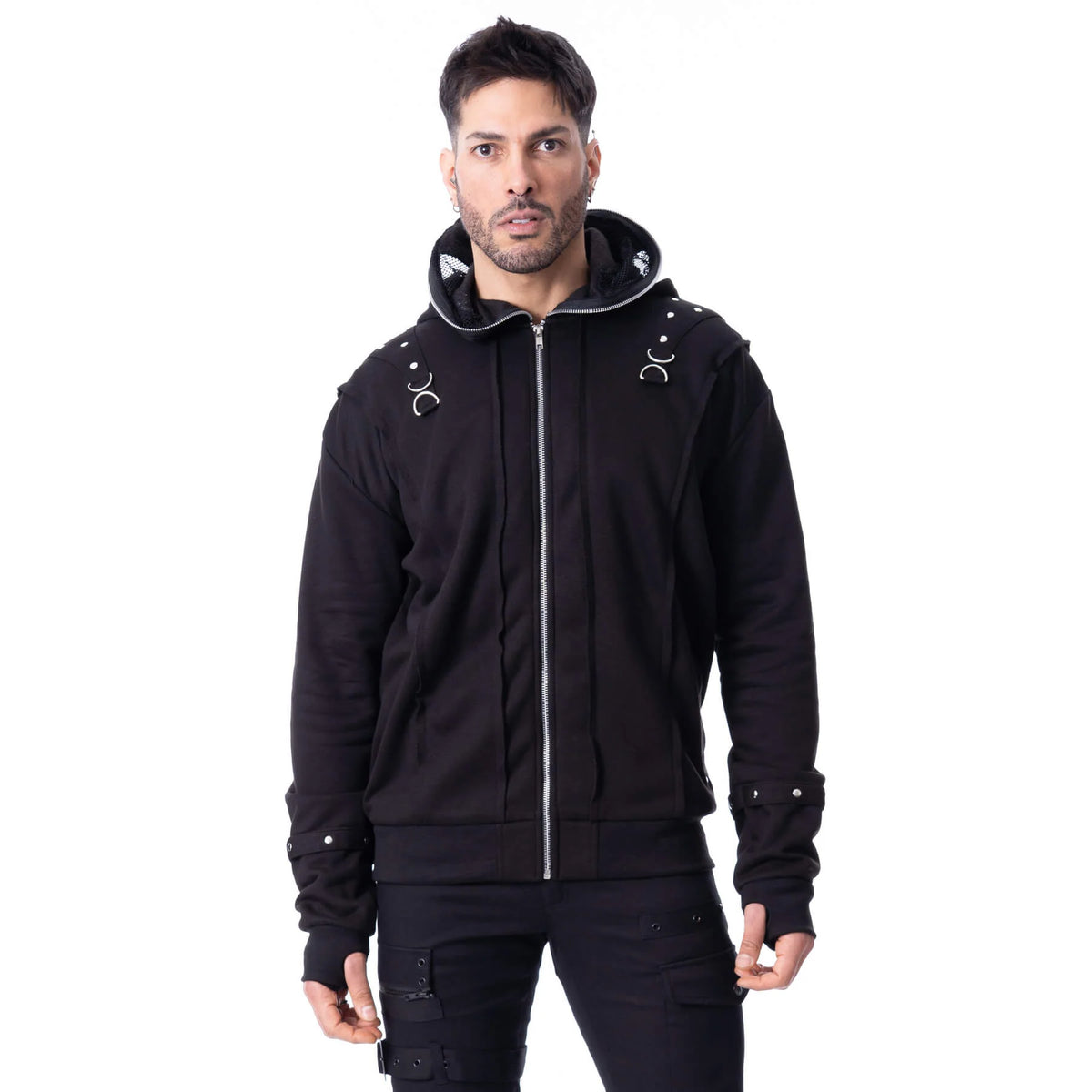Schwarze Kapuzenjacke RUIN HOOD mit verschließbarer Kapuze mit Netzeinsatz von Poizen Industries