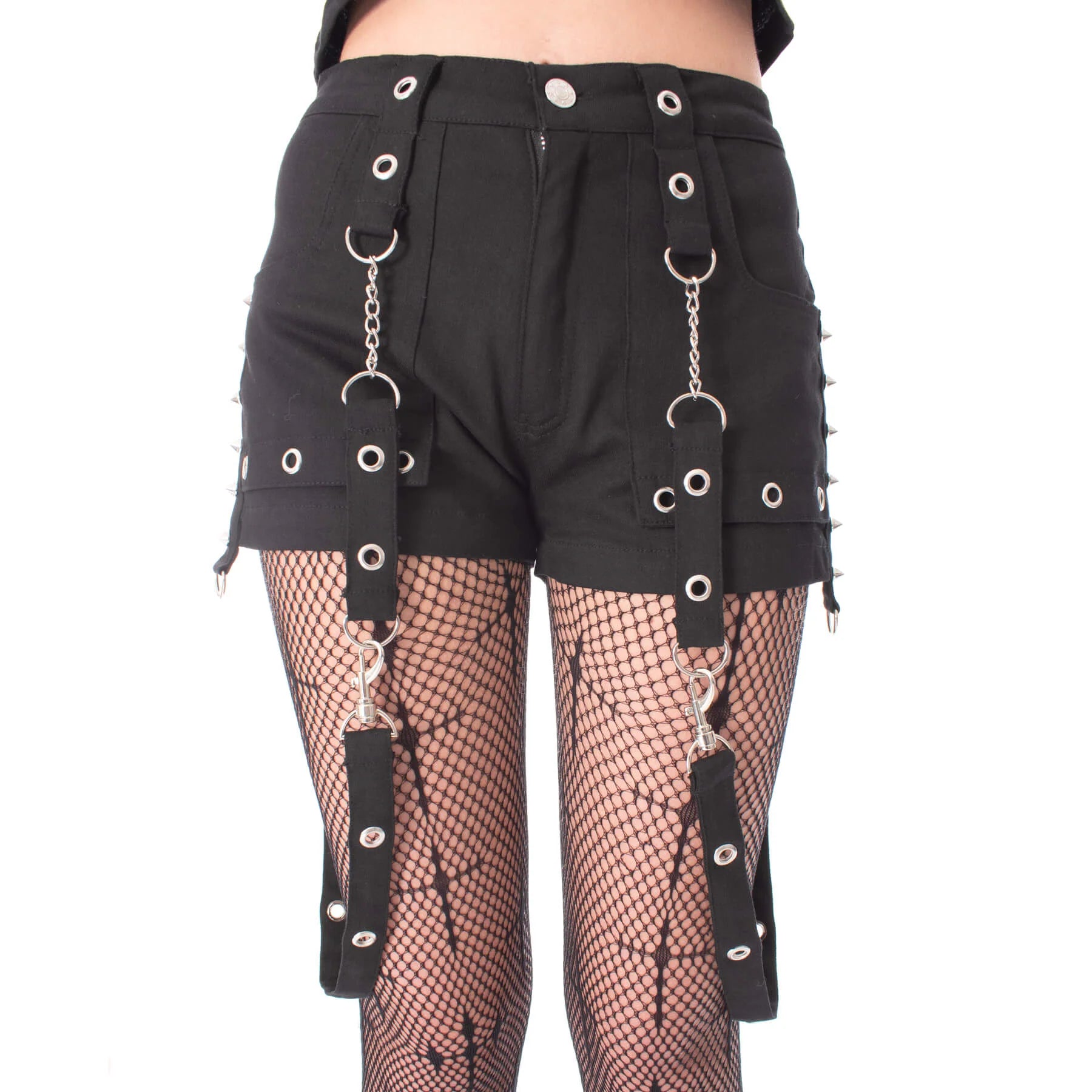 Schwarze, enge Hotpants SABLE SHORT mit Nieten und Riemen von Heartless