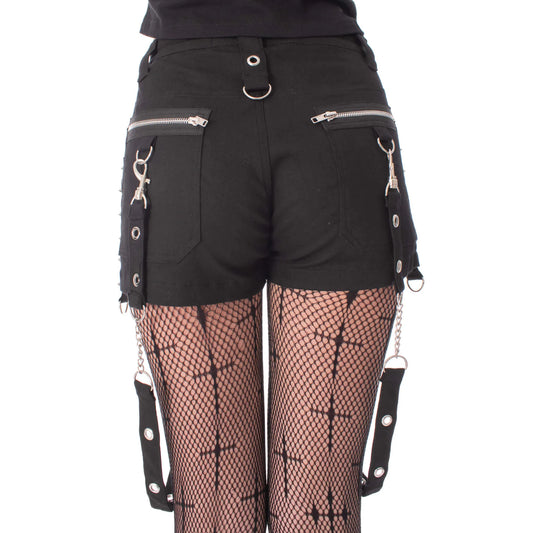 Schwarze, enge Hotpants SABLE SHORT mit Nieten und Riemen von Heartless