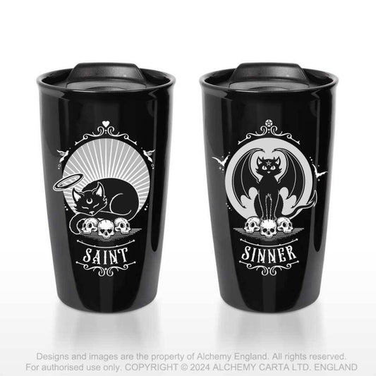 Schwarzer To-Go-Becher Saint & Sinner Double Walled Mug mit doppelseitigem Katzenprint von Alchemy