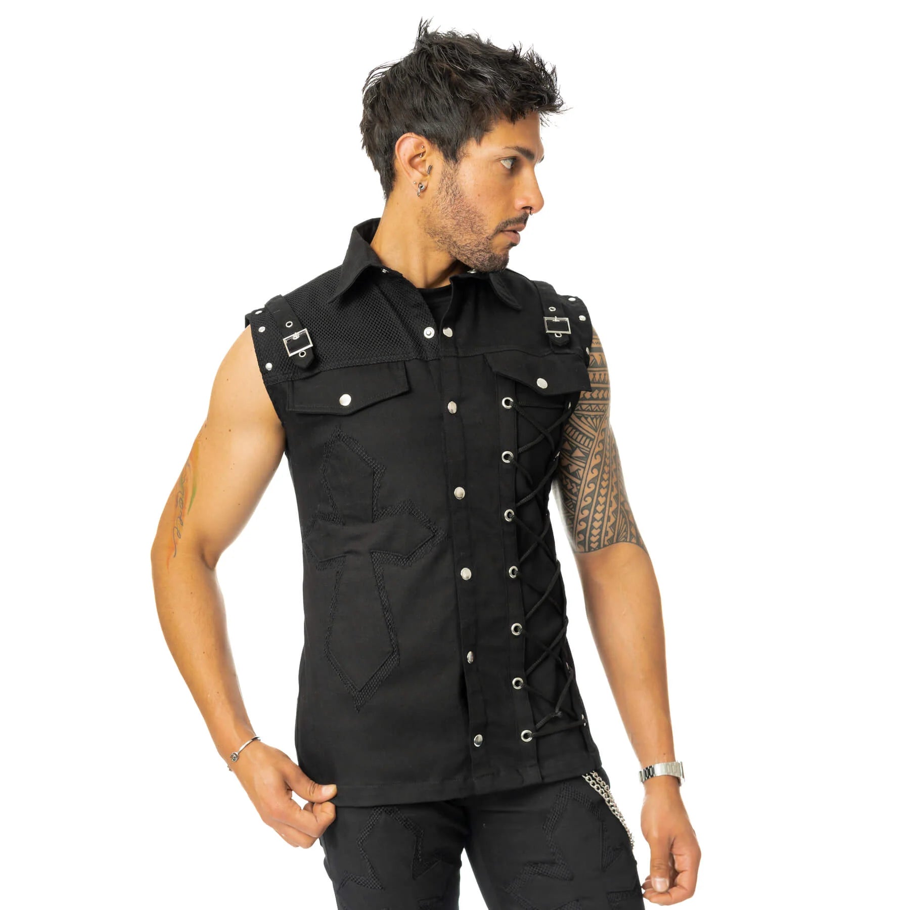 Schwarze Weste SANCTIFIED SINS VEST mit Schnürungen und aufgenähtem Kreuz von Poizen Industries